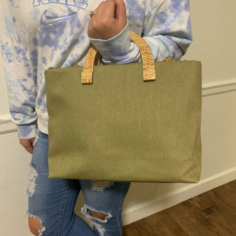 Large green canvas Lanzetti purse shoulder bag crossbody. Made in Italy